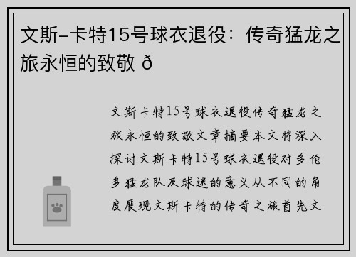 文斯-卡特15号球衣退役：传奇猛龙之旅永恒的致敬 💜